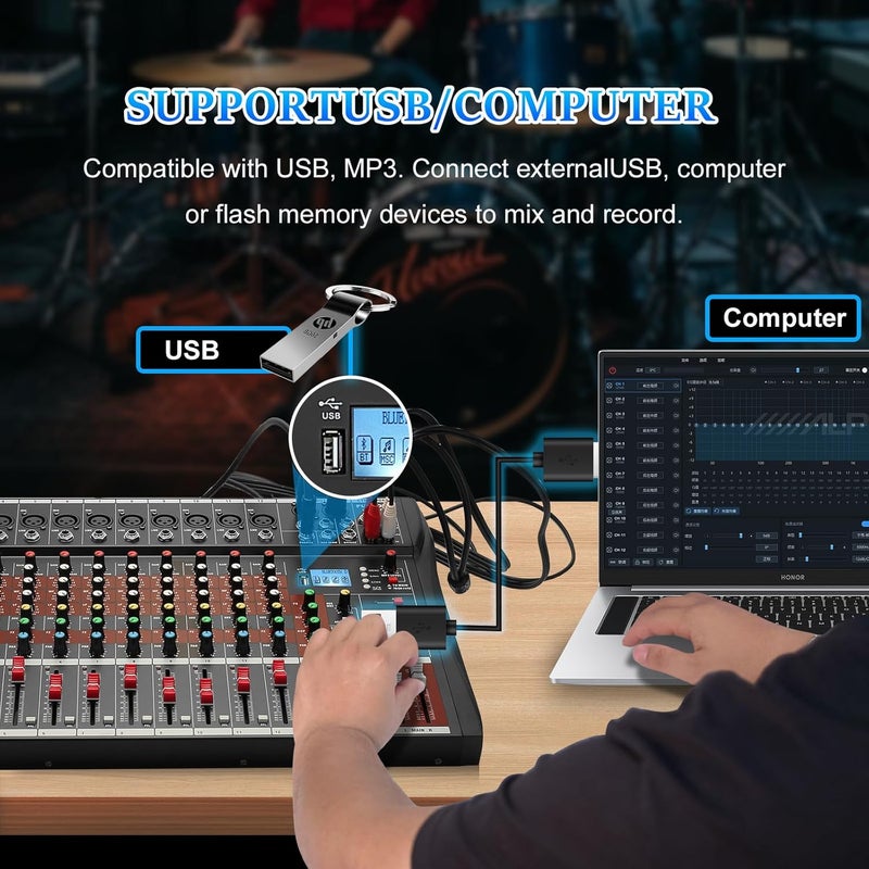 FULUODE 12 Channel Mixer Audio Console, CT-120S Professional Music Mixer DJ Mixing Board with Reverb Bluetooth MP3 Player 48V Phantom Power Supply USB Recording for Studio Karaoke Live Performance - Image 4